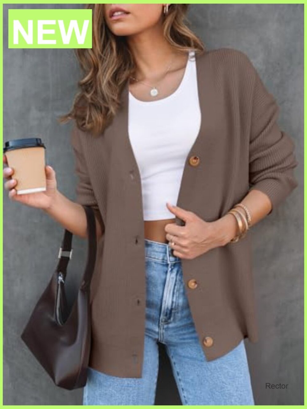 Oversized V-Neck Knit Cardigan with Button Front - 2025 Fall Trendy Top - Picture 2 of 7